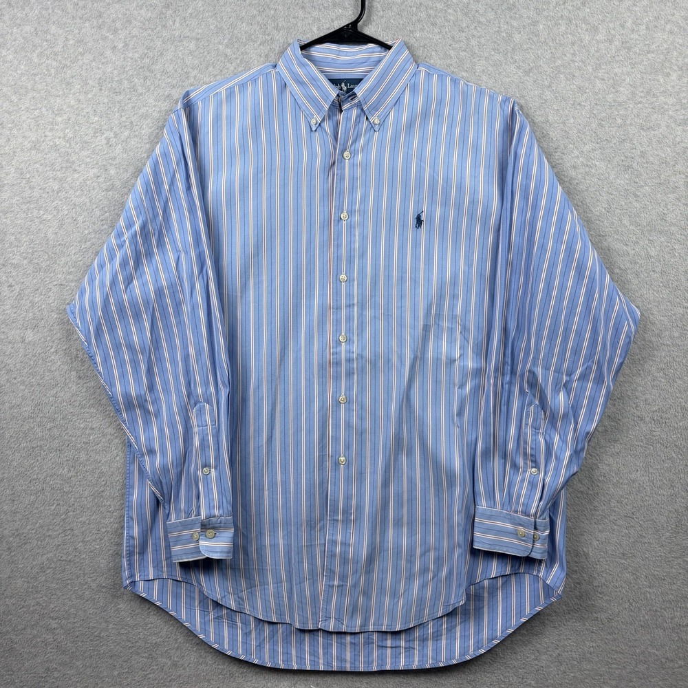 Ralph Lauren Shirt Men XL Blue Striped Yarmouth Pinpoint Oxford OCBD Button Down